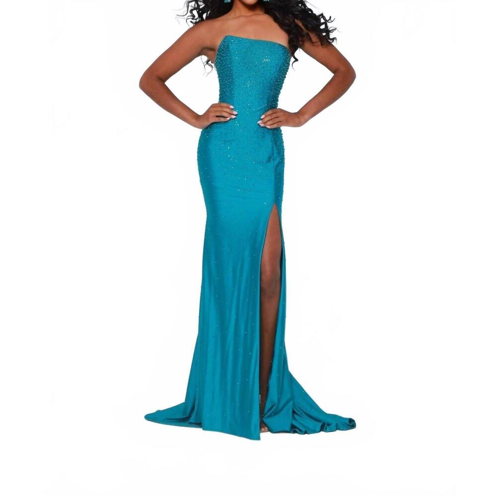NEW JOHNATHAN KAYNE refined asymmetrical neck gown in teal